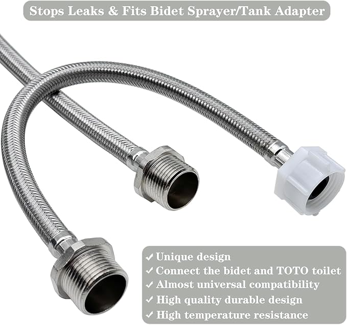 12 Inches Hose Extension - 7/8 Male to 7/8 Female Ballcock,Connector to Toilet Tank,Stops Leaks & Fits Bidet Sprayer/Tank Adapter,Compatible With TOTO Series Washlet