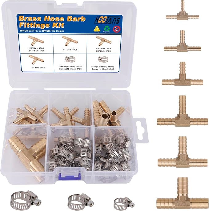 KOOTANS 18PCS Brass Hose Barb Fittings Barb Tee T-Fitting 3 Way Union Kit 1/8″ 3/16" 1/4" 5/16" 3/8" 1/2" Barbed Air Hose Fittings with 30pcs Pipe Clamps for Water Fuel Air Line Connector Fitting