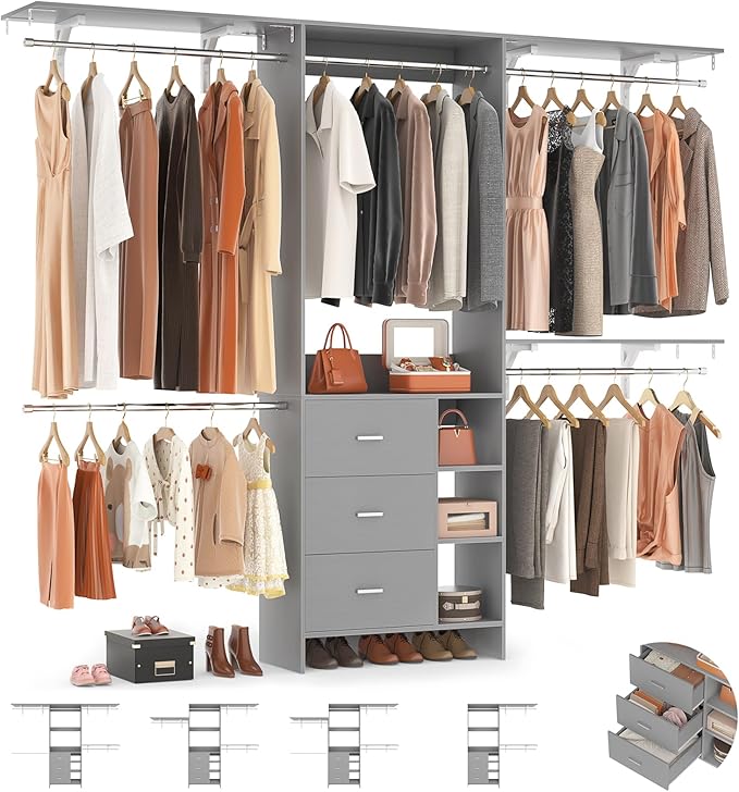 Aheaplus Closet System, Closet Organizer with 3 Wooden Drawers, 8FT Closet Organizer System, 96’’ Walk-in Closet Wardrobe Clothes Rack with Hanging Rods, Garment Rack, Fits 5.3-9 ft, -G6, Grey