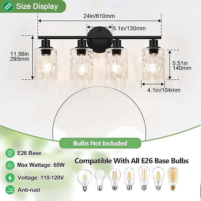 4-Light Bathroom Light Fixtures, Black Modern Vanity Lights with Clear Glass Shade, Bathroom Wall Lamp for Mirror Kitchen Living Room Hallway Cabinet Porch