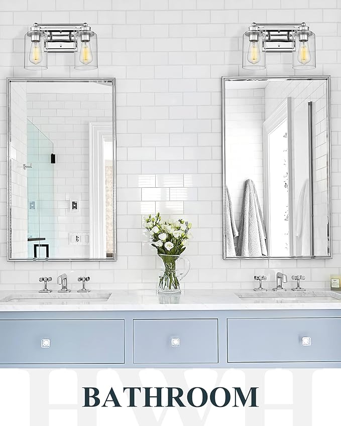 Bathroom Light Fixtures, HWH 2-Light Vanity Wall Sconce Lamp, Modern Chrome Vanity Light with Clear Glass Shade, 5HLT63B-2W CH