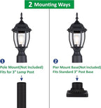 LIT-PaTH Outdoor Post Lighting Fixture Pole Lantern, E26 Medium Base Max 60W, Aluminum Housing Plus Glass, Matte Black Finish, 1-Pack