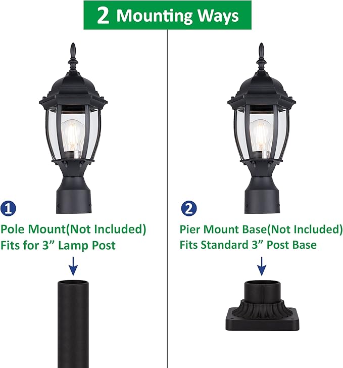 LIT-PaTH Outdoor Post Lighting Fixture Pole Lantern, E26 Medium Base Max 60W, Aluminum Housing Plus Glass, Matte Black Finish, 2-Pack