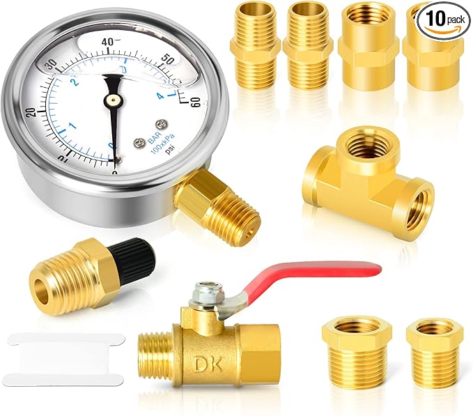 GASHER 10PCS Pipe Fitting Kit, Brass, 1/4" - 1/8" & 3/8" - 1/4" Fittings, T Fitting, Ball Valve, Pressure Gauge 0-60PSI