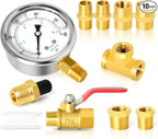 GASHER 10PCS Pipe Fitting Kit, Brass, 1/4" - 1/8" & 3/8" - 1/4" Fittings, T Fitting, Ball Valve, Pressure Gauge 0-60PSI