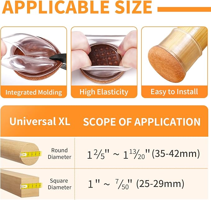 Ezprotekt 8 Pcs Extra Large Chair Leg Protectors with Felt, Silicone Felt Furniture Pads, Floor Protectors for Chair, Bar Stools Leg Protectors Caps, Table Leg Cups Covers (XL Fit: 1.4"-1.65", Clear)