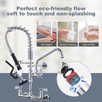 Commercial Kitchen Faucet Wall Mount with Pre-Rinse Sprayer 21" Height Wall Mount Kitchen Sink Faucet 8 Inch Center with 10" Add-on Swing Spout Faucet & Coiled Spring Pull Down Spray