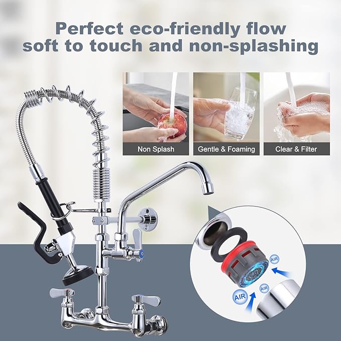 Commercial Kitchen Faucet Wall Mount with Pre-Rinse Sprayer 21" Height Wall Mount Kitchen Sink Faucet 8 Inch Center with 10" Add-on Swing Spout Faucet & Coiled Spring Pull Down Spray