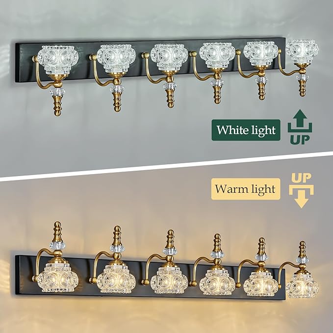 6-Light Vintage Bathroom Vanity Light Fixture Industrial Black Gold with Glass Shade Vanity Light Fixtures Over Mirror Glass Bathroom Vanity Lighting Fixtures G9 Bulb Wall Lights