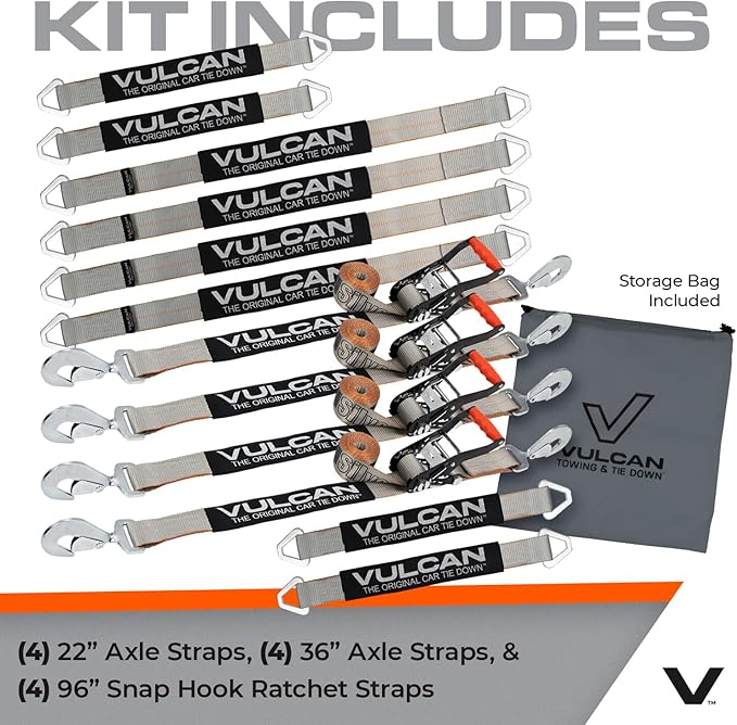 VULCAN Complete Axle Strap Tie Down Kit with Snap Hook Ratchet Straps - Silver Series Webbing - Includes (4) 22 and (4) 36 Inch Axle Tie Downs, and (4) 8' Snap Hook Straps
