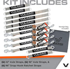 VULCAN Complete Axle Strap Tie Down Kit with Snap Hook Ratchet Straps - Silver Series Webbing - Includes (4) 22 and (4) 36 Inch Axle Tie Downs, and (4) 8' Snap Hook Straps