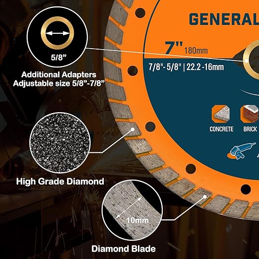 7 Inch Diamond Cutting Blade, Turbo Rim for Angle Grinder Circular Saw Cutter Wheel Dry Wet for Masonry/Concrete/Brick/Stone, 7/8"-5/8" Arbor (180mm, 3 PCS)