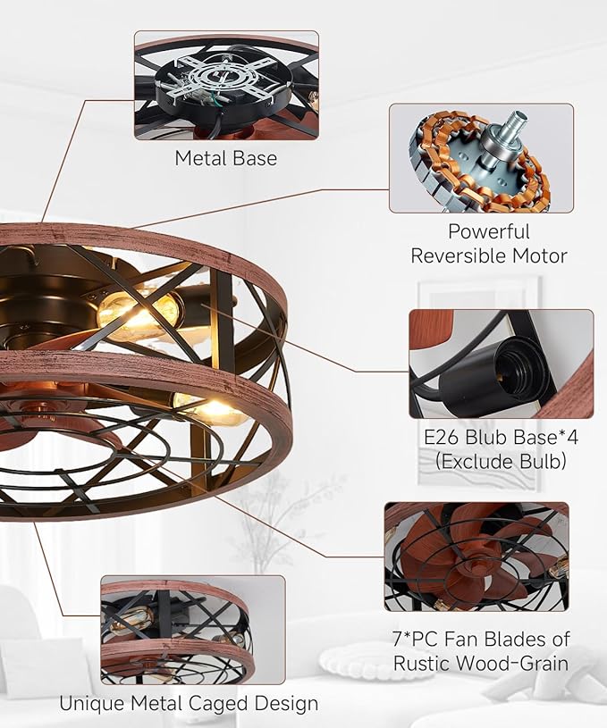 19'' Caged Ceiling Fans with Lights and Remote, Fandelier Ceiling Fan with Light, 6 Speeds and Reversible, Low Profile Ceiling Fan with Light for Bedroom, Living Room and Kitchen