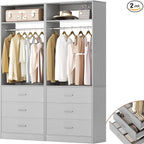 Closet System Set of 2, 4FT Closet Systems with 6 Wood Drawers, 48" Closet Organizer System with 2 Hanging Rods & 2 Shelves, Heavy Duty 48 Inch Walk-in Closet, Grey (48"L x 15" W x 80" H)