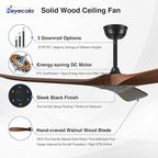 60 Inch Wood Ceiling Fan No Light,ETL Listed Farmhouse Outdoor Ceiling Fans for Patios with Remote,3 Blade Low Profile Windmill Propeller Room Fan with High CFM DC Motor for Exterior Pergola(Walnut)