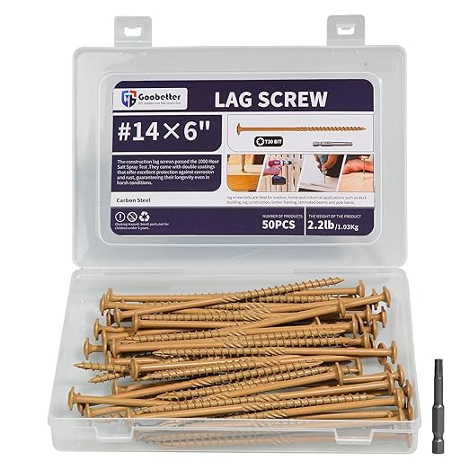 Lag Screws 6 Inch, 50PCS Heavy Duty Construction Screw, Structural Wood Screw #14 x 6, Rust Resistant, Washer Head, Yellow Coated Exterior Wood/Lag Screws, Star Drive with Bit