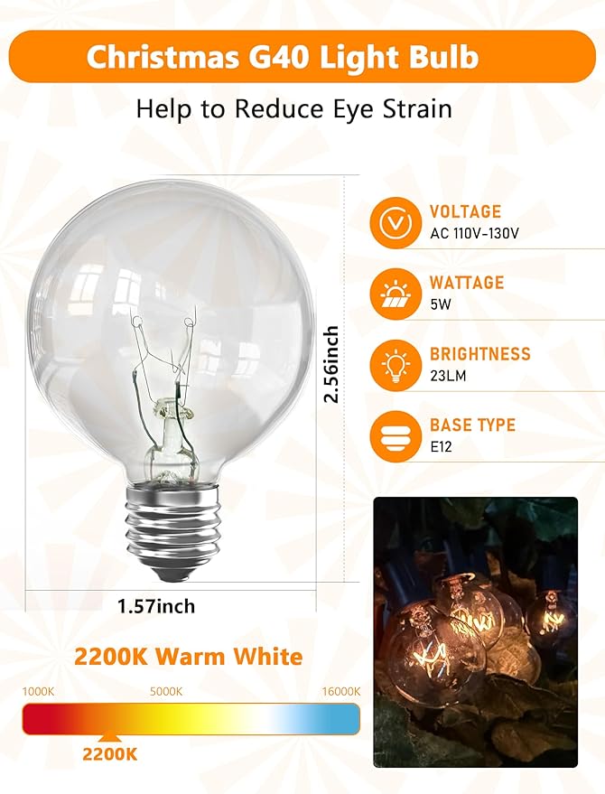 Abeja G40 Replacement Light Bulbs, 5W Clear Globe Bulb fits E12/ C7 Candelabra Screw Base Sockets, 1.5 Inch Clear Light Bulbs for Indoor Outdoor Patio Decor, 25Pack