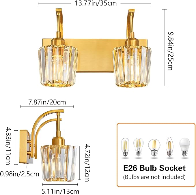 Modern Bathroom Vanity Light, 2-Light Gold Wall Sconce with Crystal Accents, Over Mirror Bathroom Lighting Fixture, 13.77" Long Dimmable Vanity Lamp for Makeup, Easy Installation