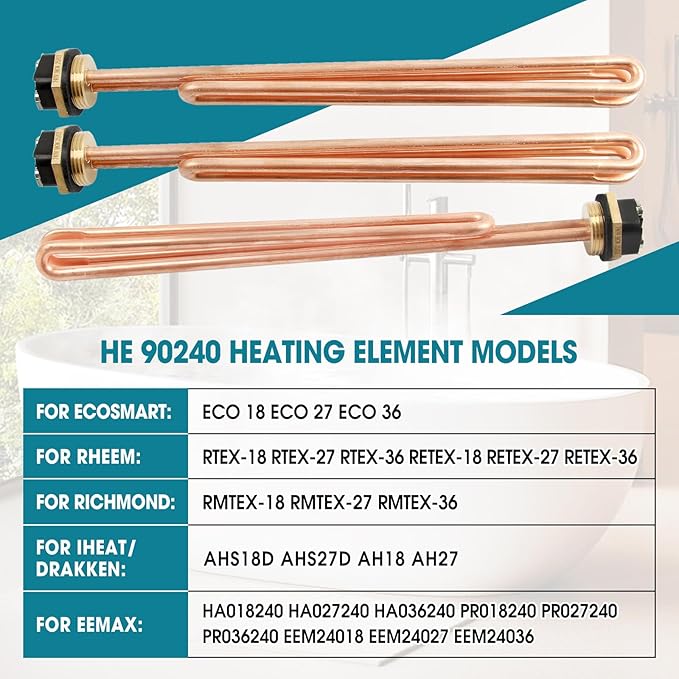 3 Pcs He 90240 Water Heater Heating Element 9000W 240V Heating Element Replacement for EcoSmart ECO 18 27 36 for Rheem Rtex Retex for Electric Tankless Water Heaters Screw-In Copper