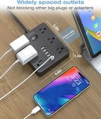 Flat Plug Power Strip, AOFO 5 Ft Extension Cord with 12 Outlets & 6 USB Ports (4 USB-A, 2 USB-C), Surge Protector, Ideal for Home, Office, Dorm, Large Spaces, Reliable and Safe, Black