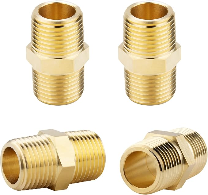 KOOTANS 1/2 NPT x 1/2 NPT Male Solid Brass Hex Nipples, Heavy Brass Pipe Adapter Fittings Equal Nipples Connectors 4Pieces