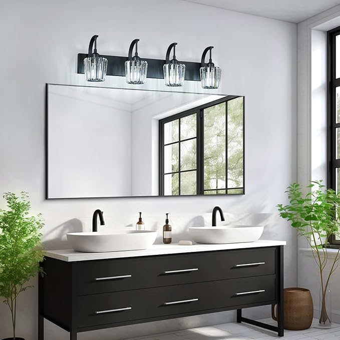 Modern Bathroom Vanity Light, 4-Light Black Wall Sconce with Crystal Accents, Over Mirror Bathroom Lighting Fixture, 32.67" Long Dimmable Vanity Lamp for Makeup, Easy Installation