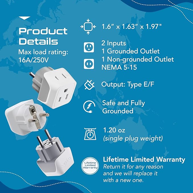 Ceptics Schuko Germany, France Plug Adapter, Dual Input - Ultra Compact Light Weight - Usa to Russia, South Korea Travel Adaptor Plug - Type E/F (3 Pack)