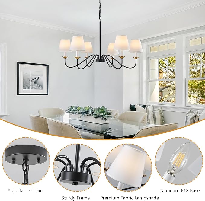 Vintage Chandelier Farmhouse Chandelier for Dining Room - 6 Lights 35.8" Modern Light Fixture, Adjustable Pendant Lighting for Living Room Hallway Bedroom Foyer Black with White Fabric Shade