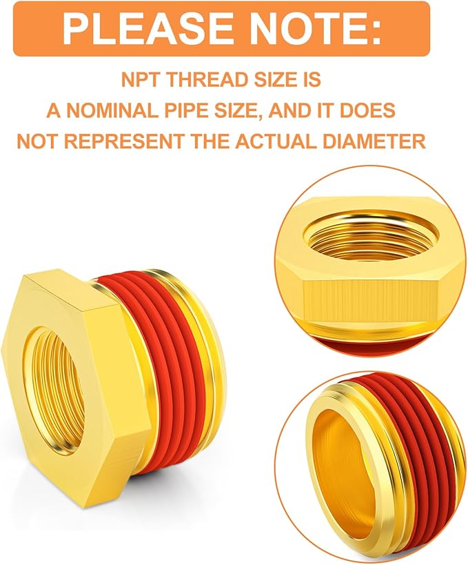 GASHER 5Pcs Brass Reducer Hex Bushing 3/4" NPT Male x 3/8" NPT Female, Brass Threaded Pipe Fitting With Sealant
