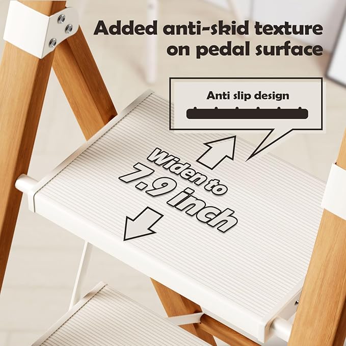 Taranta 3 Step Ladder, Portable Folding Ladder with Wide Pedal, Lightweight Aluminum Step Stool with Convenient Handgrip, 330 lbs Capacity Stepladder for Home, Office - White Woodgrain