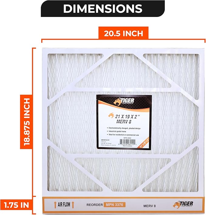 Tiger Tough 21x19x2 MERV 8 MPR 600-800 Air Filter, High-Performance AC Furnace & HVAC Filter, 3-Pack