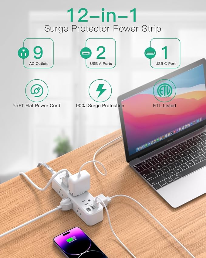 Mifaso Extension Cord, Surge Protector Power Strip, Long Extension Cord with 9 Outlets 3 USB Ports, Extension Cord with Multiple Outlets, USB Power Strip for Dorm Room Essentials, College(25FT, White)