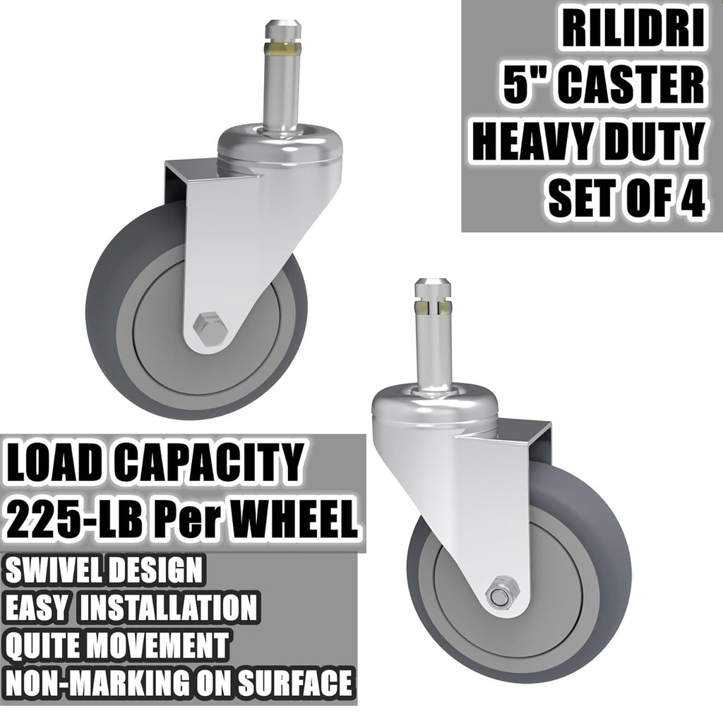 5-Inch Swivel Caster Wheels, 7/16-Inch Stem Diameter Rubber Wheel, Heavy Duty TPR Thermoplastic Rubber Replacement Wheels, 225-lb per Wheel- 4 Pack