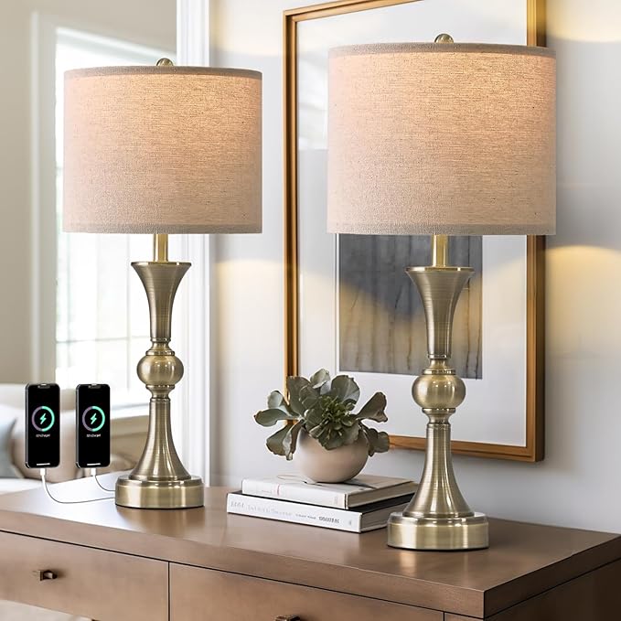 OYEARS 28" Table Lamps for Living Room Set of 2, Bedside Lamps for Night Stands Bedroom Lamps Farmhouse Lamp End Table Bed Side Lamp with USB C+A Charging Ports (Antique Bronze)