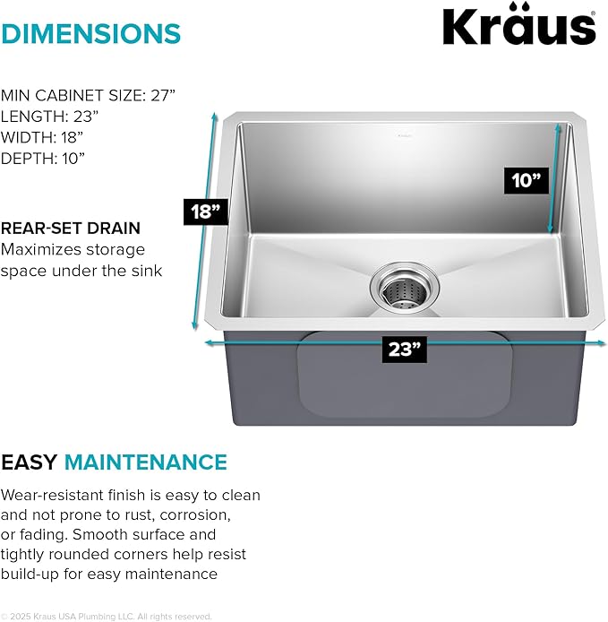 KRAUS Standard PRO 23-Inch 16 Gauge Undermount Single Bowl Stainless Steel Kitchen Sink, KHU101-23