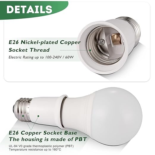 Light Socket Extender,E26 to E26 Medium Screw Bulb Socket Extension Adapter,Recessed Socket 1.2" Extensions,Light Cans Socket Extender Adapter