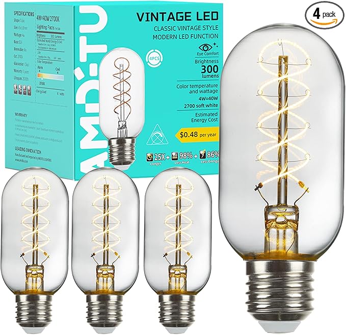 AMDTU Vintage LED Edison Bulb Super Thin Spiral Filament 2700K Soft White, Non-dimmable T45 Incandescent Tubular Light Bulb 40 Watt Equivalent, Clear Glass Light Bulb 4W 120V E26 Base, 4 Pack
