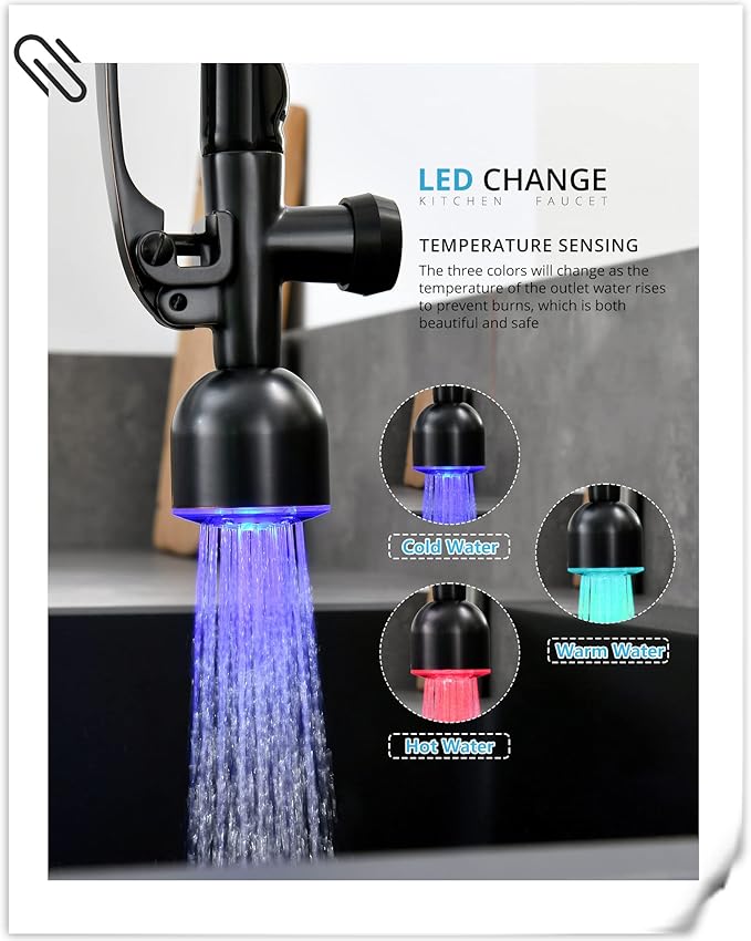 Fapully Commercial Single Handle Pull Down Sprayer Oil Rubbed Bronze Kitchen Faucet, Kitchen Sink Faucet with LED Light