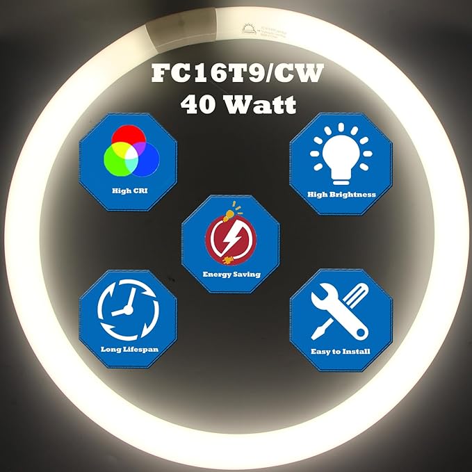 FC16T9/CW 40W & FC12T9/CW 32W Cool White Set, 16 inch T9 40 Watts & 12 inch 32 Watts Round Fluorescent Light Bulb, Circular Bulb Kitchen and Bath, 841 4100K, G10q 4 pin Prong