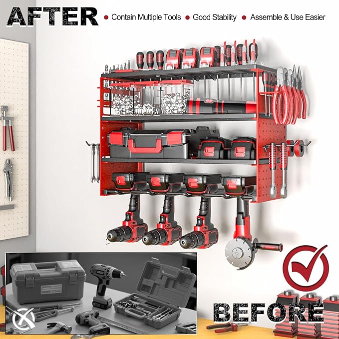 Power Tool Organizer Wall Mount, 4 Layers Tool Storage Rack with 2 Side Red Pegboards, 4 Drill Bit Rack,Heavy Duty Metal Garage Tool Shelf Organize for Workshop Garage Tool Room