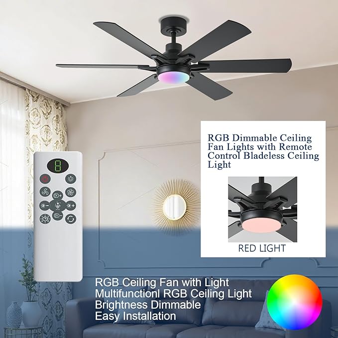 52in Ceiling Fans with Lights RGB Ceiling Fan with Light and Remote/APP Control,Low Profile Ceiling Fans with Lights for Bedroom,Living Room,Kids Room,3CCT Dimmable Modern Ceiling Fan, 8 Speeds,black