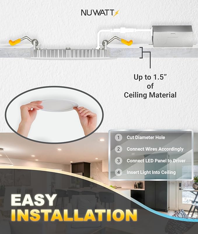 NUWATT 12 Pack, 6 Inch Ultra-Thin LED Recessed Lighting, CCT 2700K/3000K/3500K/4000K/5000K Selectable, 1050LM 15W, Dimmable, IC Rated, Wet Rated, Canless Can Light for Ceiling with Junction Box, White