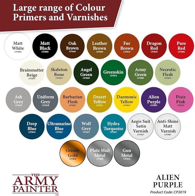 The Army Painter Colour Primer Alien Purple, 400 mL Acrylic Spray Primer, Spray Paint Basecoat for Miniature Priming, Tabletop Roleplaying, Boardgames, and Wargames Miniature Modelling