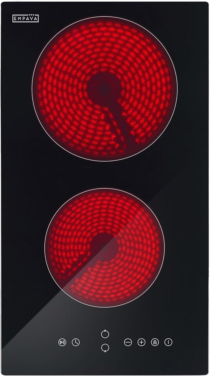 Empava 3000W Cooktop 2 Burner, Built in Infrared Electrical Stove Top for Kitchen 208~240V Hard Wired, No Plug, ETL Certified, Black, 12 Inch Radiant