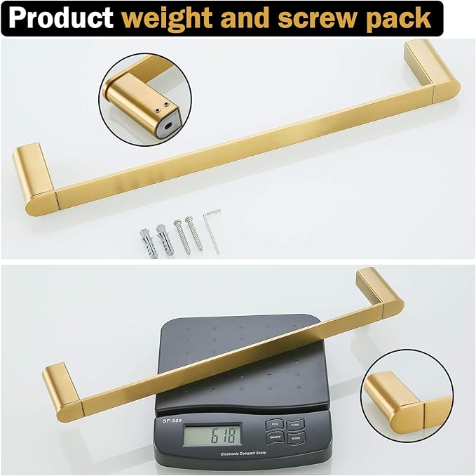 RANDOM Brushed Gold Towel Bar Rack Holder Rod 18 inch Hand Towel Holder for Bathroom Kitchen Hardware Accessories Wall Mount Contemporary Hotel Style 96026-2-18BG