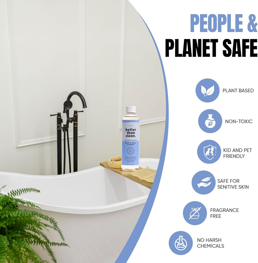 Bath & Daily Natural Shower Cleaner Concentrate - Plant-Based, Fragrance Free Cleaning Products - Hard Water Stain and Soap Scum Remover for Tub & Tile - 8oz Makes 4 Bottles