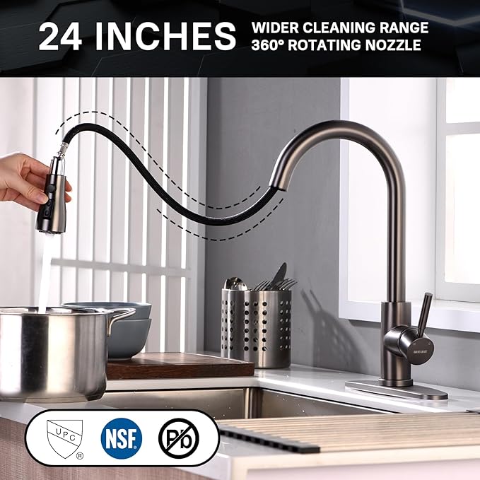 WEWE Black Stainless Kitchen Faucet with Pull Down Sprayer, Single Handle Commercial Modern RV Laundry Stainless Steel Sink Faucet for Rv Kitchen Bar