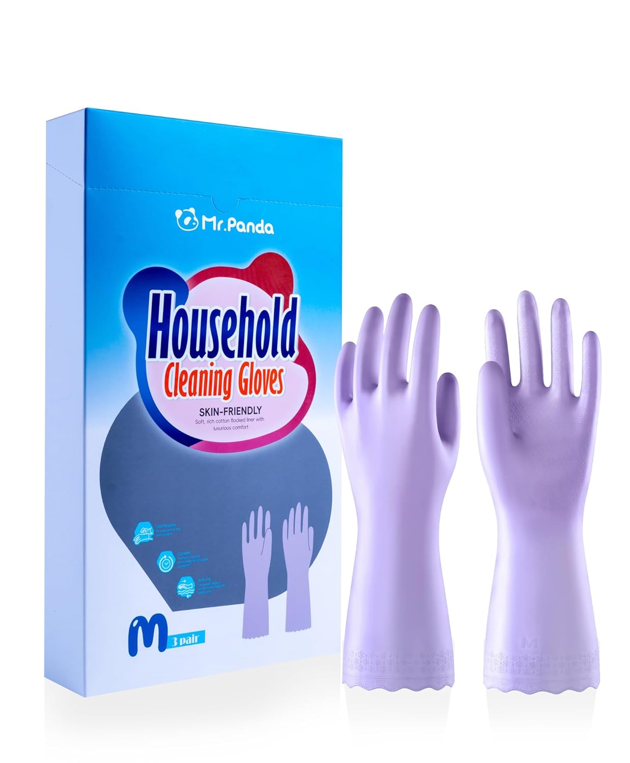Mr.Panda 3 Pairs Skin-Friendly Flocked Cotton Liner Cleaning Gloves Medium, Reusable Dishwashing Gloves for Washing Dishes, Kitchen, Shimmering Pink