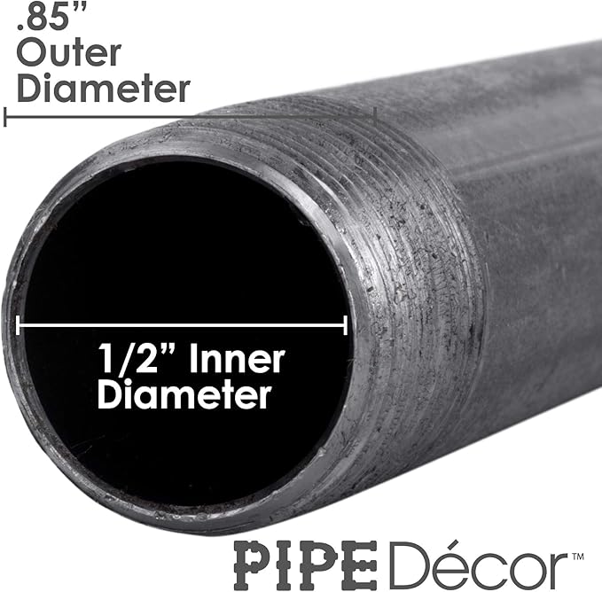 PIPE DÉCOR 1/2" x 3.5" Malleable Cast Iron Pipe Nipple, Pre Cut Connectors, Industrial Steel Grey Fits Standard Half Inch Black Threaded Pipes Nipples and Fittings, Vintage DIY Furniture, 10 Pack