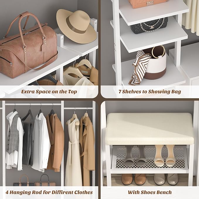 Aheaplus 8FT Closet Organizer with 6-Drawers, 96'' Wood Organizer with Storage, Clothing Rack Wardrobe Closet Garment Rack for Hanging Clothes, Bedroom, White